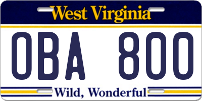 WV license plate OBA800
