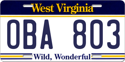 WV license plate OBA803