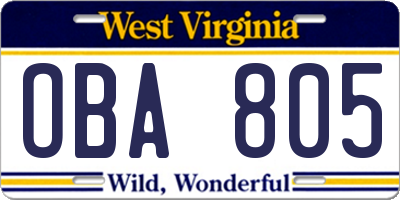 WV license plate OBA805