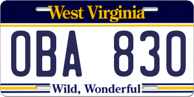 WV license plate OBA830