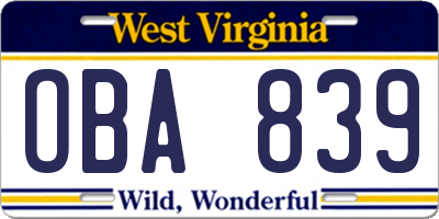 WV license plate OBA839