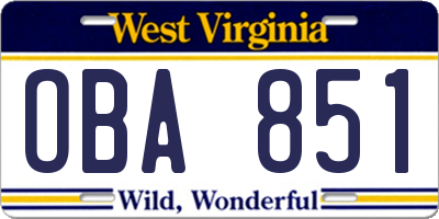 WV license plate OBA851