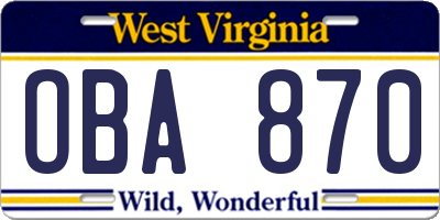 WV license plate OBA870