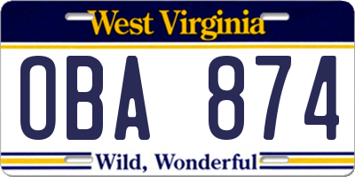 WV license plate OBA874