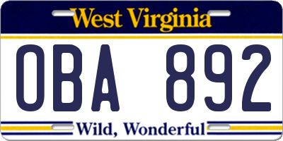 WV license plate OBA892
