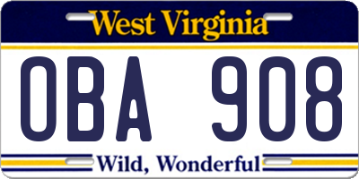 WV license plate OBA908