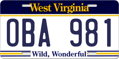 WV license plate OBA981