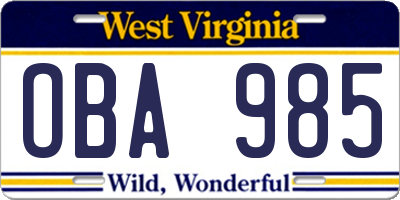 WV license plate OBA985