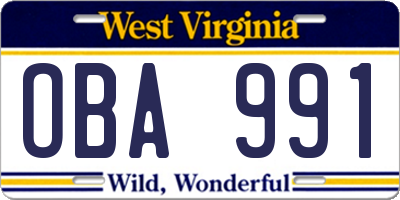 WV license plate OBA991