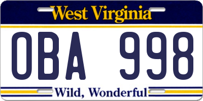 WV license plate OBA998