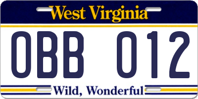 WV license plate OBB012