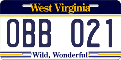 WV license plate OBB021