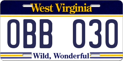WV license plate OBB030