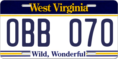 WV license plate OBB070