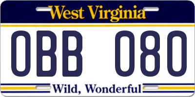 WV license plate OBB080