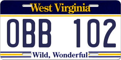 WV license plate OBB102