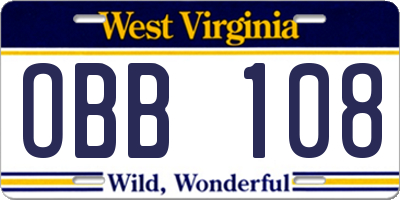 WV license plate OBB108