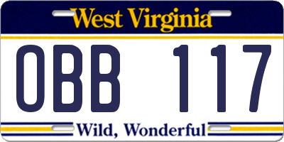 WV license plate OBB117