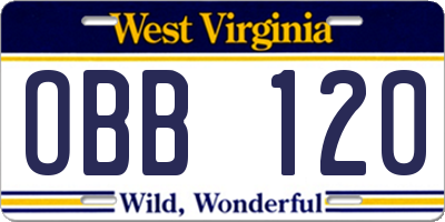 WV license plate OBB120