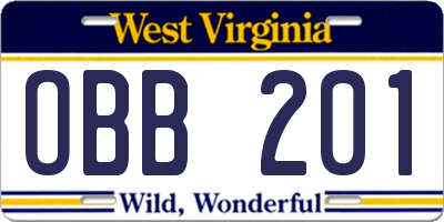 WV license plate OBB201