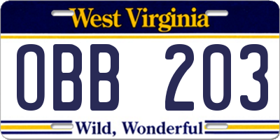 WV license plate OBB203