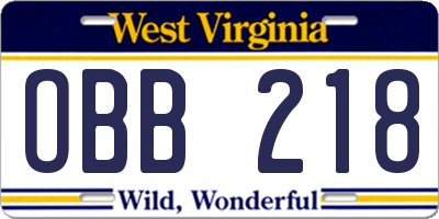 WV license plate OBB218