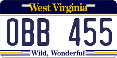 WV license plate OBB455