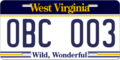 WV license plate OBC003