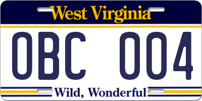 WV license plate OBC004