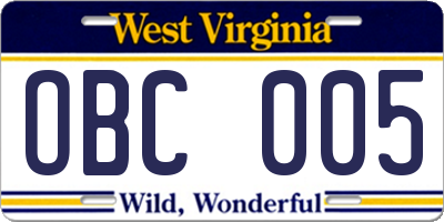 WV license plate OBC005