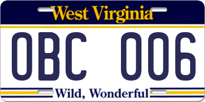 WV license plate OBC006