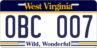WV license plate OBC007