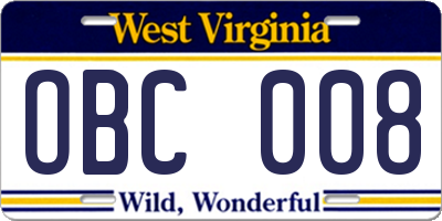 WV license plate OBC008