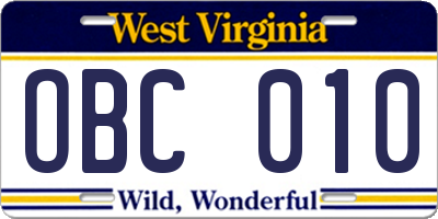 WV license plate OBC010