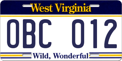 WV license plate OBC012