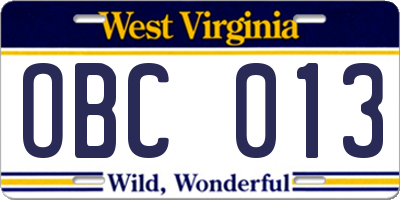 WV license plate OBC013