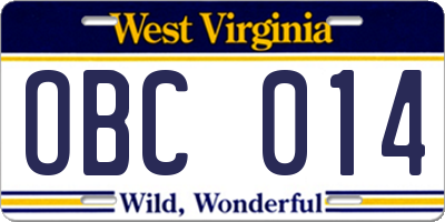 WV license plate OBC014