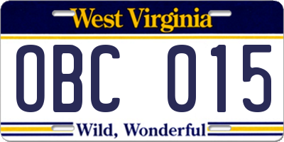 WV license plate OBC015