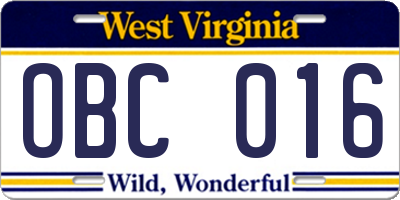 WV license plate OBC016