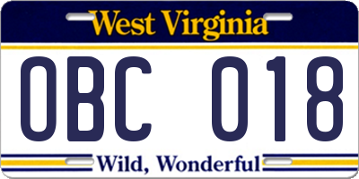 WV license plate OBC018