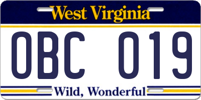 WV license plate OBC019