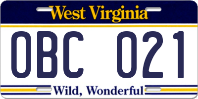 WV license plate OBC021