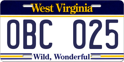 WV license plate OBC025