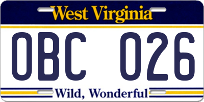 WV license plate OBC026
