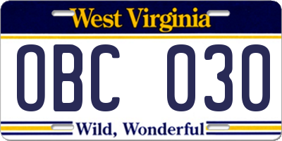 WV license plate OBC030