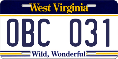 WV license plate OBC031