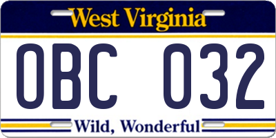 WV license plate OBC032