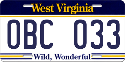 WV license plate OBC033