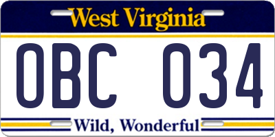 WV license plate OBC034
