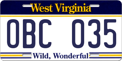 WV license plate OBC035